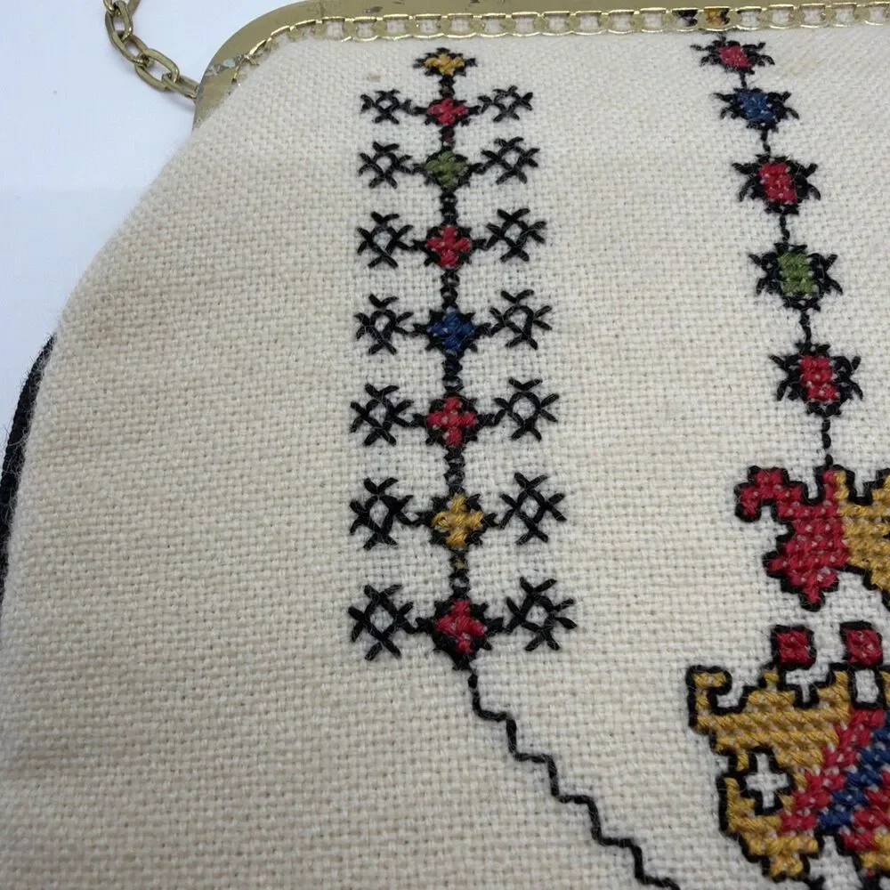 Vintage Embroidered Purse Cross Stitch Clutch Bag 1970s